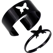 Labalaba Kelebek Figürlü Siyah Renk Kaplama Ayarlanabilir 2'li Çift Yüzük