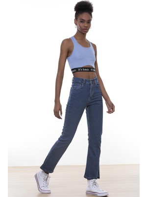 Its Basic Kadın Koyu Mavi Renk Yırtmaçlı Likralı Wide Leg Mom Jean
