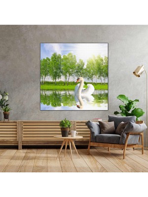 SML Tablo Göldeki Kuğu Yeşil Ağaçlar Manzara Hayvan Kanvas Tablo