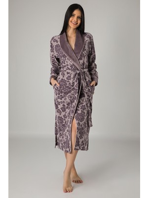 Nuşa Ipliği Boyalı Bambu Cotton Bayan Sabahlık Mürdüm Renkli Uzun Kollu Şık Tasarım