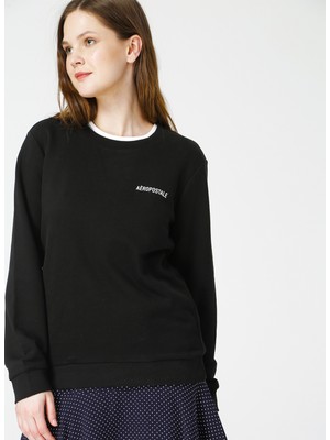 Aeropostale Artemis Bisiklet Yaka Uzun Kollu Standart Kalıp Düz Siyah Kadın Sweatshirt