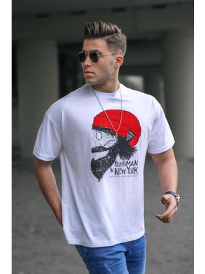 Madmext Erkek Desenli Beyaz T-Shirt 5361
