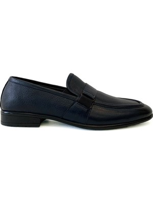 Ferraro Lacivert Hakiki Deri Bağcıksız Orta Topuk Klasik Erkek Ayakkabı