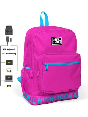 Coral High Nakış Logolu USB Şarjlı Kulaklık Çıkışlı Pembe Sırt Çantası 24108