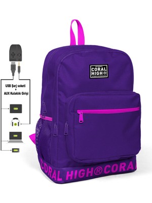 Coral High Nakış Logolu USB Şarjlı Kulaklık Çıkışlı Mor Sırt Çantası 24109