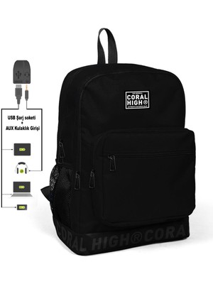 Coral High Nakış Logolu USB Şarjlı Kulaklık Çıkışlı Siyah Sırt Çantası 24110