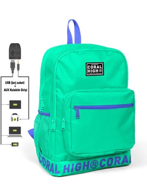 Coral High Nakış Logolu USB Şarjlı Kulaklık Çıkışlı Su Yeşili Sırt Çantası 24104