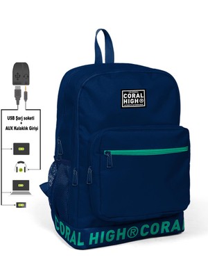 Coral High Nakış Logolu USB Şarjlı Kulaklık Çıkışlı Lacivert Sırt Çantası 24107