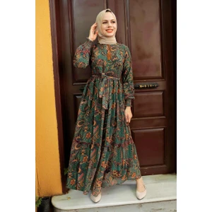 Neva Style Neva Style - Desenli Yeşil Tesettür Elbise 76440Y
