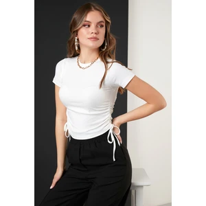Yanlardan Büzgülü Kısa Kollu Crop Bluz Bayan Bluz 5864010