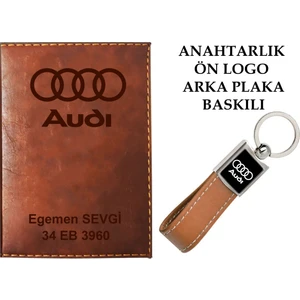 Promosyon Denizi Plakanıza ve Isminize Özel Lazer Baskılı Audı  Logolu Taba Ruhsat Kabı ve Anahtarlık