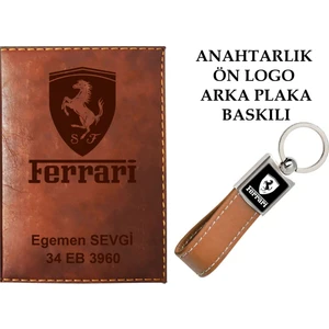 Promosyon Denizi Plakanıza ve Isminize Özel Lazer Baskılı Ferrari Logolu Taba Ruhsat Kabı ve Anahtarlık