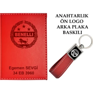 Promosyon Denizi Plakanıza ve Isminize Özel Lazer Baskılı Benelli Logolu Kırmızı Ruhsat Kabı ve Anahtarlık