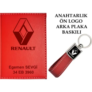 Promosyon Denizi Plakanıza ve Isminize Özel Lazer Baskılı Renault Logolu Kırmızı Ruhsat Kabı ve Anahtarlık
