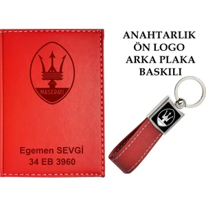 Promosyon Denizi Plakanıza ve Isminize Özel Lazer Baskılı Maserati  Logolu Kırmızı Ruhsat Kabı ve Anahtarlık