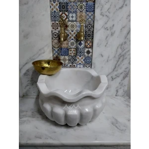 Beyaz Dalgalı Kavun Dilimli Mermer Kurna