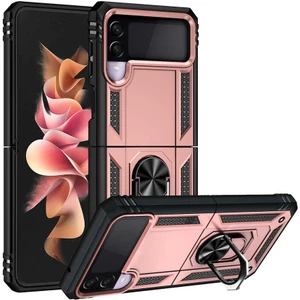 Case 4U Samsung Galaxy Z Flip 3 Uyumlu Kılıf Çift Katmanlı Yüzüklü Manyetik Vega Kapak Rose Gold
