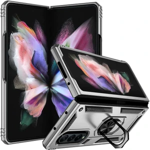 Case 4U Samsung Galaxy Z Fold 3 Uyumlu Kılıf Çift Katmanlı Yüzüklü Manyetik Vega Kapak Gri