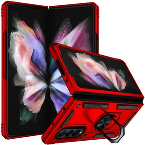 Case 4U Samsung Galaxy Z Fold 3 Uyumlu Kılıf Çift Katmanlı Yüzüklü Manyetik Vega Kapak Kırmızı