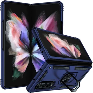 Case 4U Samsung Galaxy Z Fold 3 Uyumlu Kılıf Çift Katmanlı Yüzüklü Manyetik Vega Kapak Lacivert