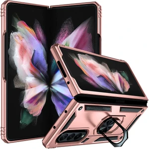 Case 4U Samsung Galaxy Z Fold 3 Uyumlu Kılıf Çift Katmanlı Yüzüklü Manyetik Vega Kapak Rose Gold