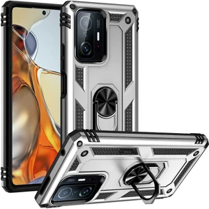 Case 4U Xiaomi Mi 11T 5g Kılıf Çift Katmanlı Yüzüklü Manyetik Vega Kapak Gri