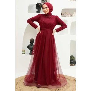 Neva Style Tesettürlü Abiye Elbise - Inci Detaylı Bordo Tesettür Abiye Elbise 56641BR