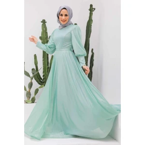 Neva Style Tesettürlü Abiye Elbise - Balon Kol Mint Tesettürlü Abiye Elbise 56721MINT