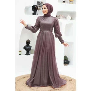 Neva Style Tesettürlü Abiye Elbise - Balon Kol Gül Kurusu Tesettürlü Abiye Elbise 56721GK