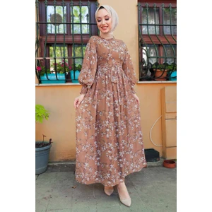 Neva Style - Çiçek Desenli Taba Tesettür Elbise 5683TB