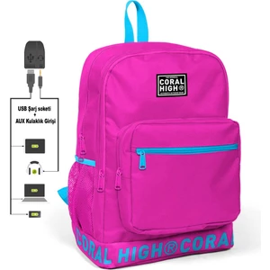 Coral High Nakış Logolu USB Şarjlı Kulaklık Çıkışlı Pembe Sırt Çantası 24108
