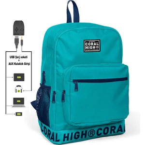 Coral High Nakış Logolu USB Şarjlı Kulaklık Çıkışlı Turkuaz Sırt Çantası 24110