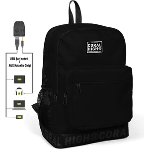 Coral High Nakış Logolu USB Şarjlı Kulaklık Çıkışlı Siyah Sırt Çantası 24110