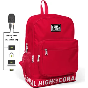 Coral High Nakış Logolu USB Şarjlı Kulaklık Çıkışlı Kırmızı Sırt Çantası 24103