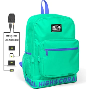 Coral High Nakış Logolu USB Şarjlı Kulaklık Çıkışlı Su Yeşili Sırt Çantası 24104