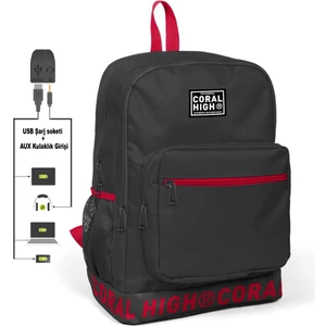 Coral High Nakış Logolu USB Şarjlı Kulaklık Çıkışlı Koyu Gri Sırt Çantası 24105