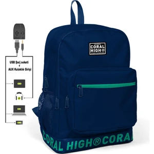 Coral High Nakış Logolu USB Şarjlı Kulaklık Çıkışlı Lacivert Sırt Çantası 24107