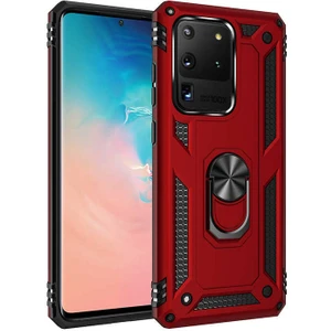 Case 4U Samsung Galaxy S20 Ultra Uyumlu Kılıf Çift Katmanlı Yüzüklü Manyetik Vega Kapak Kırmızı