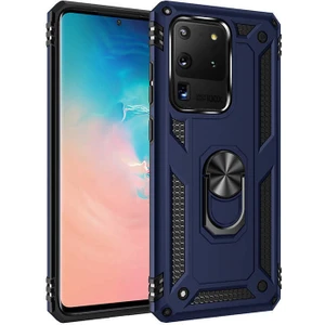 Case 4U Samsung Galaxy S20 Ultra Uyumlu Kılıf Çift Katmanlı Yüzüklü Manyetik Vega Kapak Mavi
