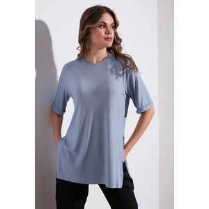 Oversize Bisiklet Yaka Yırtmaç Detaylı Bluz Bayan Bluz 5863683