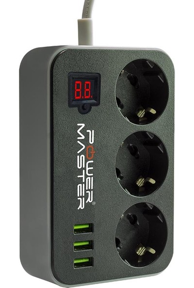 Cmk Powermaster PM-18530 Dijital Ekranlı 3 Usb'li 3'lü 1.8 Metre Kablolu Zaman Ayarlı Akım Korumalı Priz Siyah