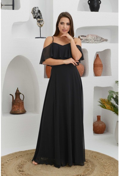 Carmen Siyah Düşük Kollu Askılı Uzun Abiye Elbise