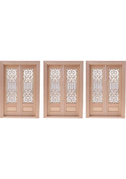 3 Adet 1/12 Dollhouse Mini Ahşap Harici Içi Boş Ekran Çift Kapı Boyasız