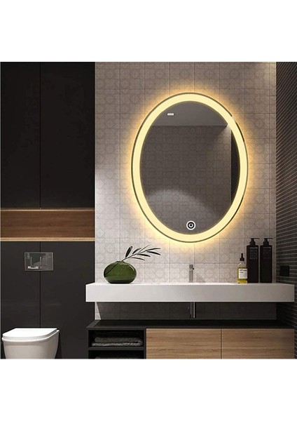 80X100 cm Kumlamalı Dokunmatik Tuşlu Ledli Elips Ayna Duvar Salon Banyo Wc Ofis Yatak Odası Boy Ledli Ayna