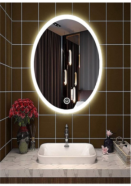 65X85 cm Kumlamalı Dokunmatik Tuşlu Ledli Elips Ayna Duvar Salon Banyo Wc Ofis Yatak Odası Boy Ledli Ayna