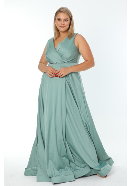 Büyük Beden 3434 Küf Yeşili Uzun Abiye Elbise