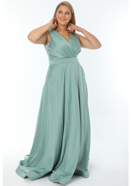 Büyük Beden 3434 Küf Yeşili Uzun Abiye Elbise fiyatları