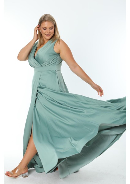 Büyük Beden 3434 Küf Yeşili Uzun Abiye Elbise modelleri