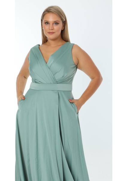 Büyük Beden 3434 Küf Yeşili Uzun Abiye Elbise fırsatları