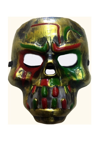 Her Şey Burada Parti Kırmızı Kanlı Dişli Dracula Kafatası Maskesi Altın Renk